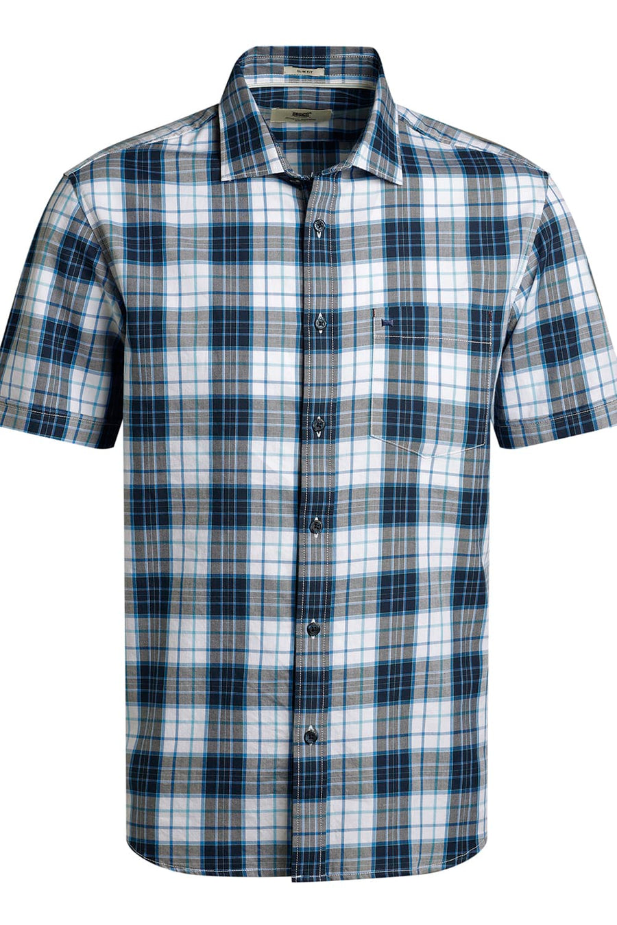BASICS SLIM FIT POND BLUE TWILL CHECKS HALFSLEEVES SHIRT