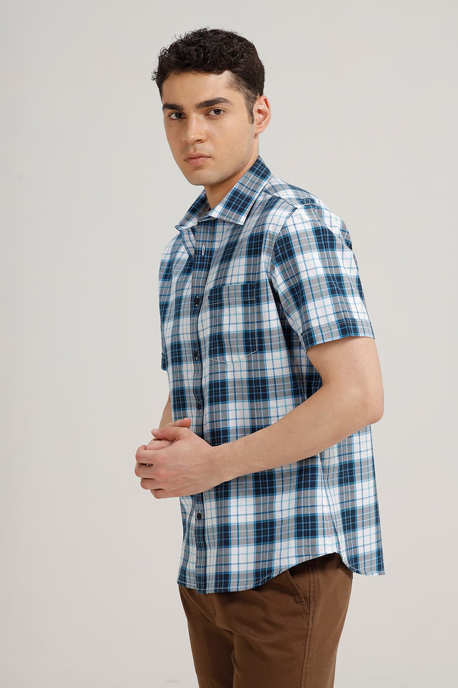 BASICS SLIM FIT POND BLUE TWILL CHECKS HALFSLEEVES SHIRT