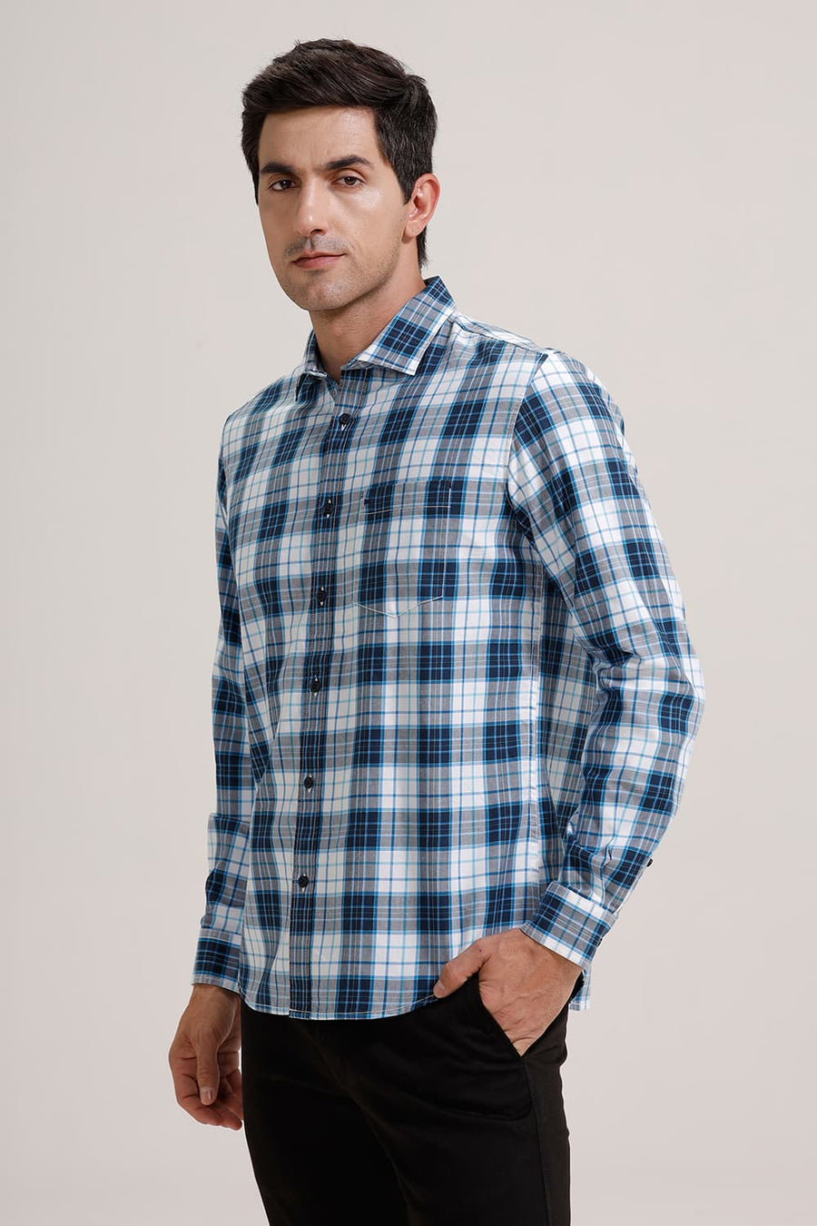 BASICS SLIM FIT POND BLUE TWILL CHECKS SHIRT