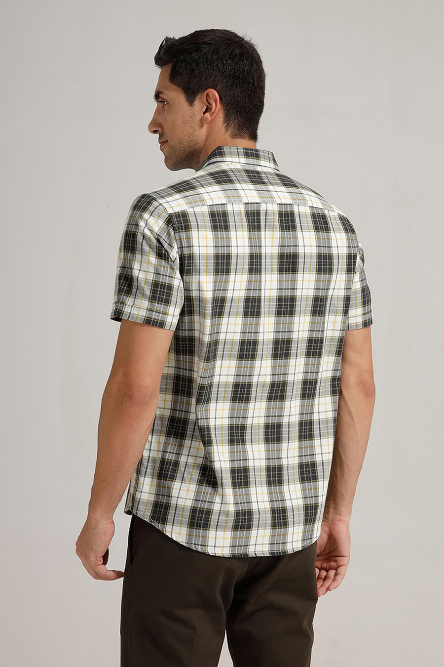 BASICS SLIM FIT OLIVE BAMBOO TWILL CHECKS HALFSLEEVES SHIRT