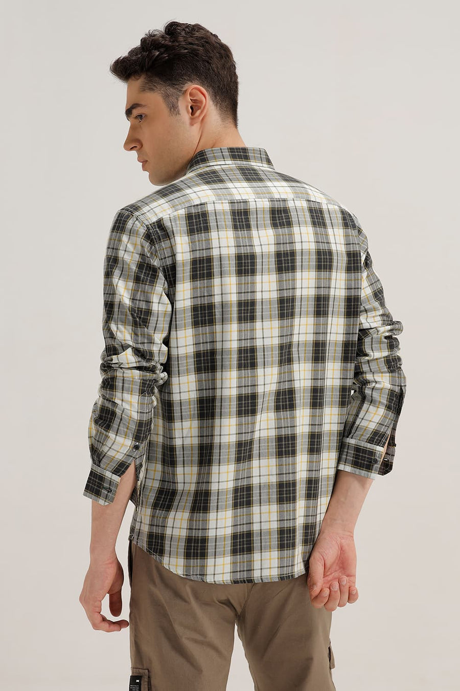 BASICS SLIM FIT OLIVE BAMBOO TWILL CHECKS SHIRT