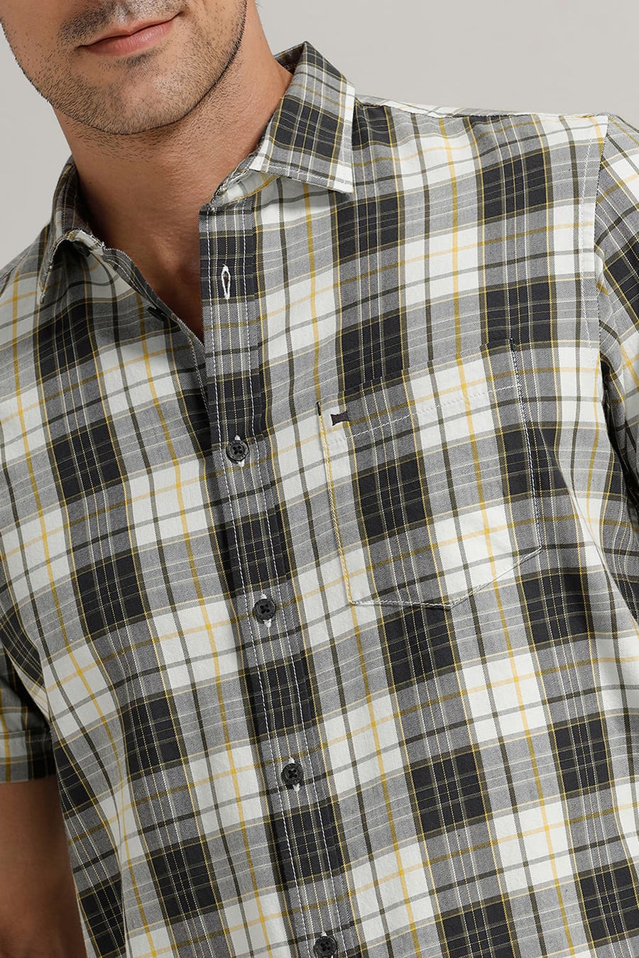 BASICS SLIM FIT OLIVE BAMBOO TWILL CHECKS HALFSLEEVES SHIRT