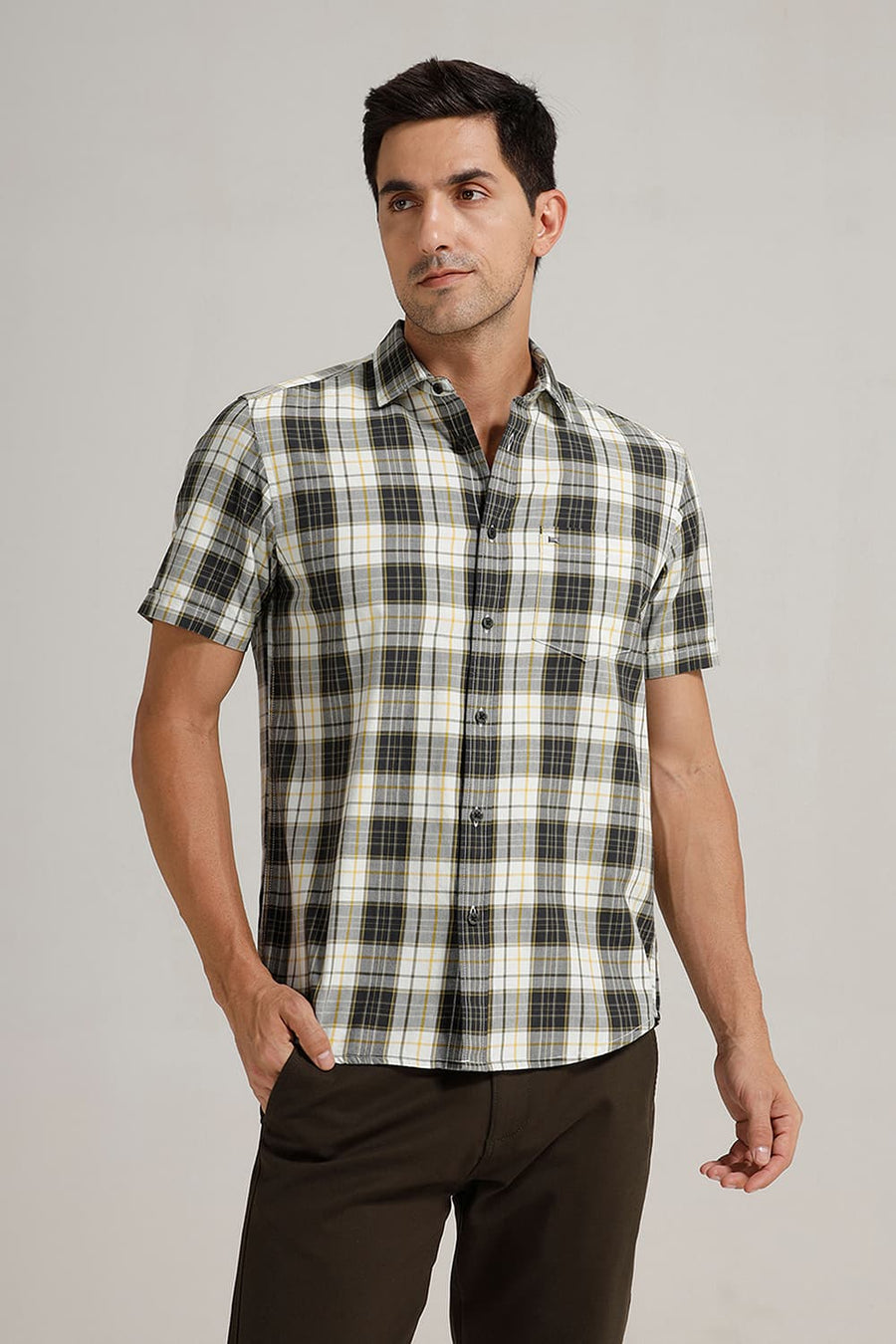 BASICS SLIM FIT OLIVE BAMBOO TWILL CHECKS HALFSLEEVES SHIRT