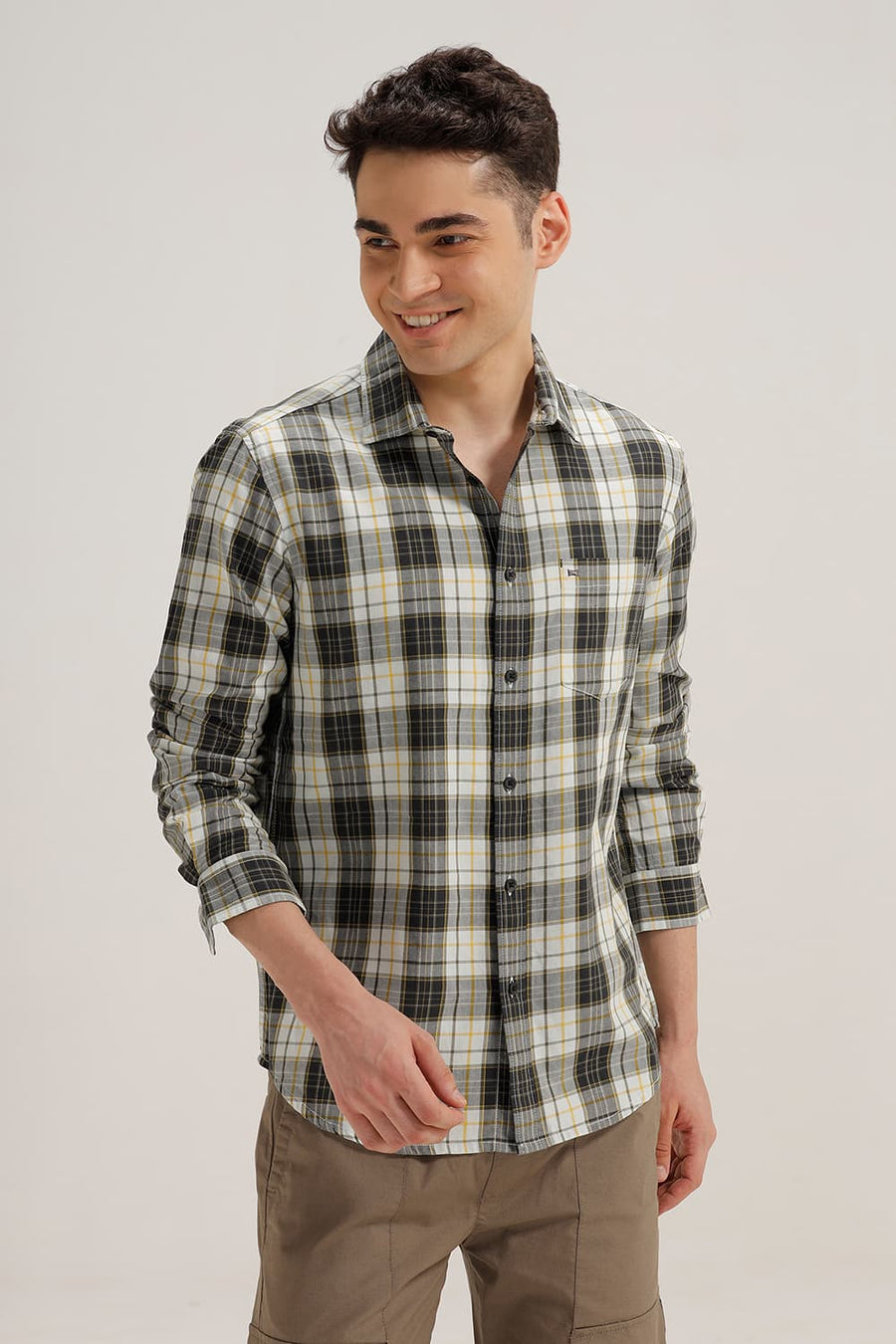 BASICS SLIM FIT OLIVE BAMBOO TWILL CHECKS SHIRT