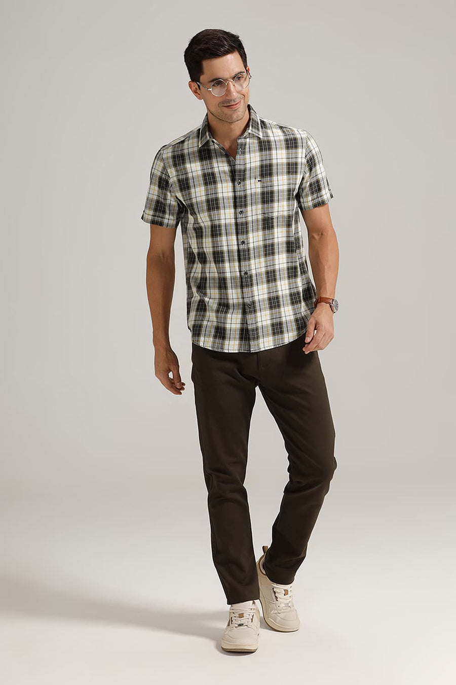 BASICS SLIM FIT OLIVE BAMBOO TWILL CHECKS HALFSLEEVES SHIRT