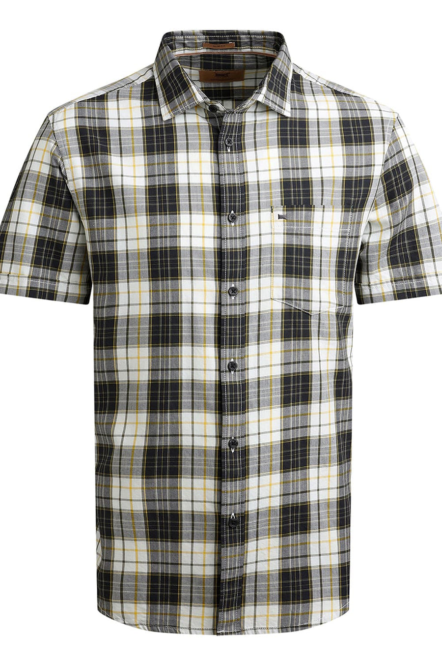 BASICS SLIM FIT OLIVE BAMBOO TWILL CHECKS HALFSLEEVES SHIRT