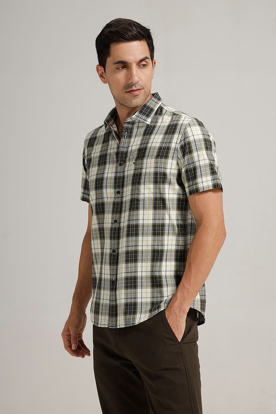 BASICS SLIM FIT OLIVE BAMBOO TWILL CHECKS HALFSLEEVES SHIRT