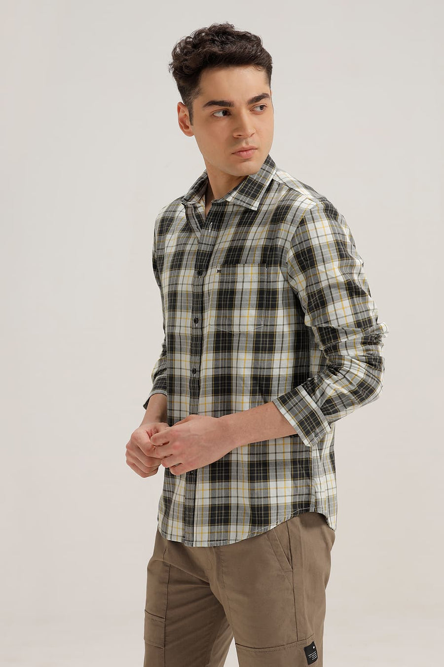 BASICS SLIM FIT OLIVE BAMBOO TWILL CHECKS SHIRT