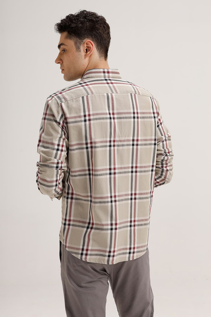BASICS SLIM FIT FEATHER KHAKI TWILL CHECKS SHIRT