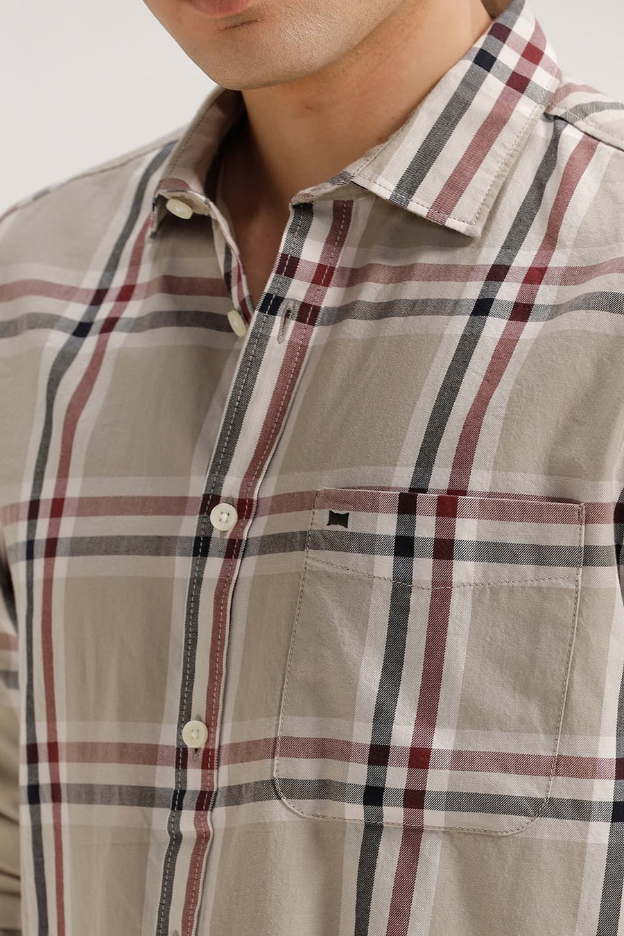 BASICS SLIM FIT FEATHER KHAKI TWILL CHECKS SHIRT