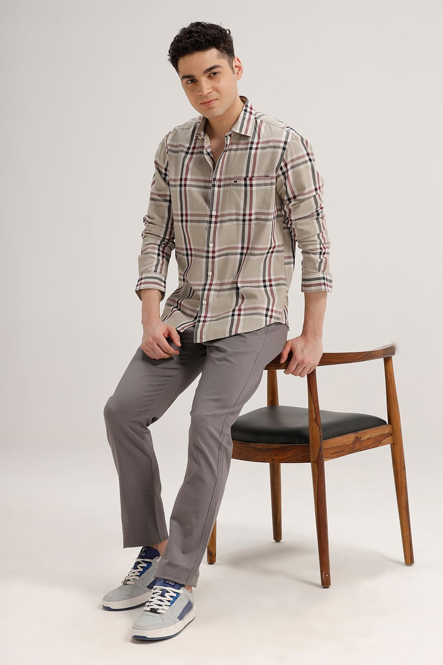 BASICS SLIM FIT FEATHER KHAKI TWILL CHECKS SHIRT