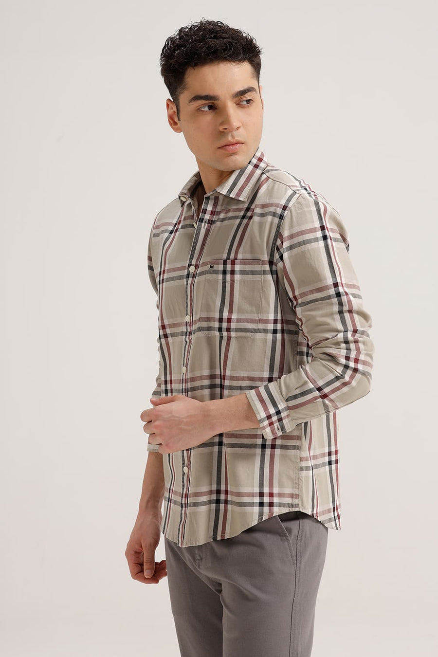 BASICS SLIM FIT FEATHER KHAKI TWILL CHECKS SHIRT