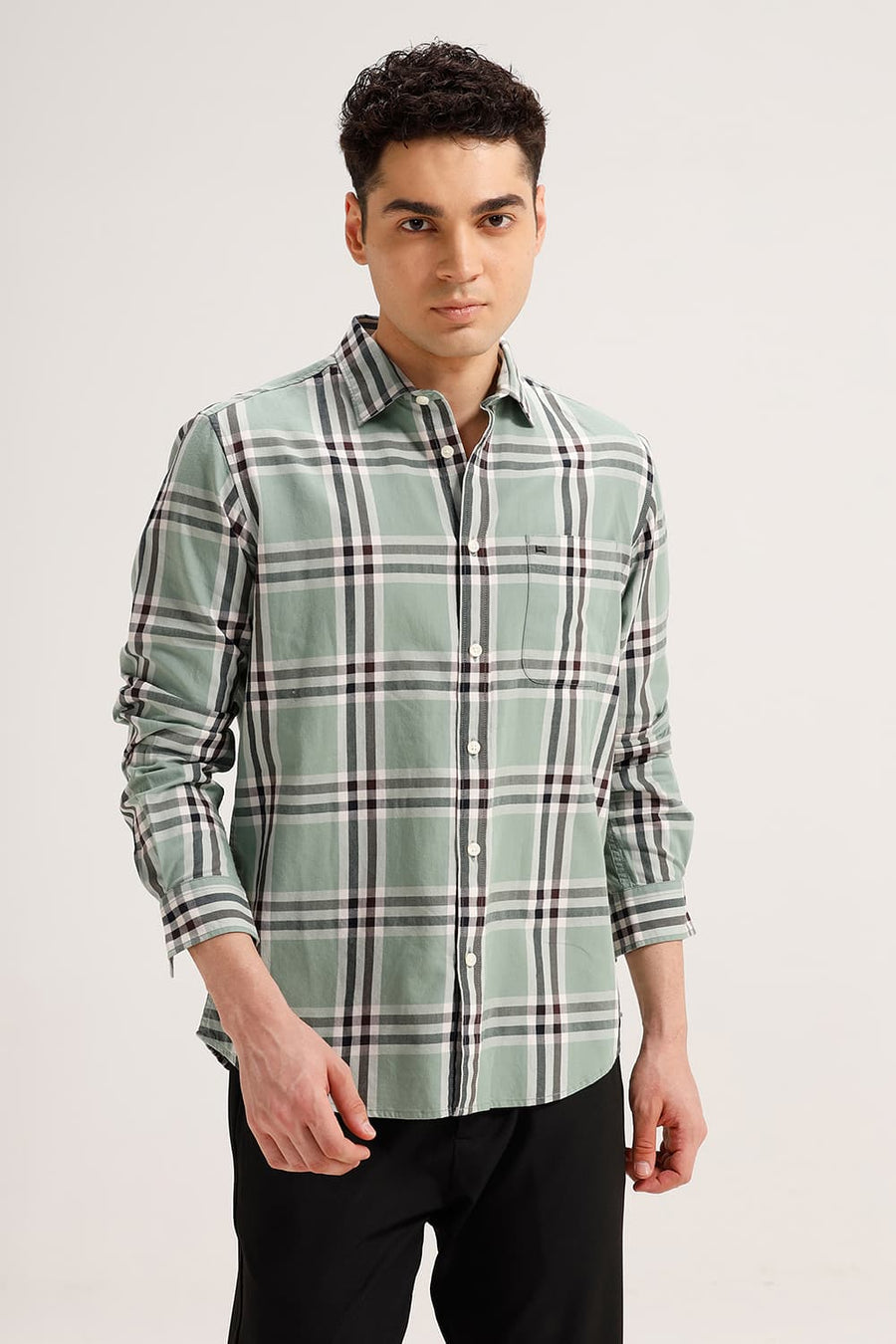 BASICS SLIM FIT TADE GREEN TWILL CHECKS SHIRT