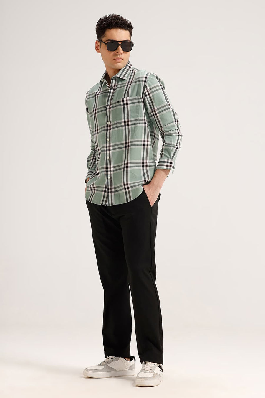 BASICS SLIM FIT TADE GREEN TWILL CHECKS SHIRT