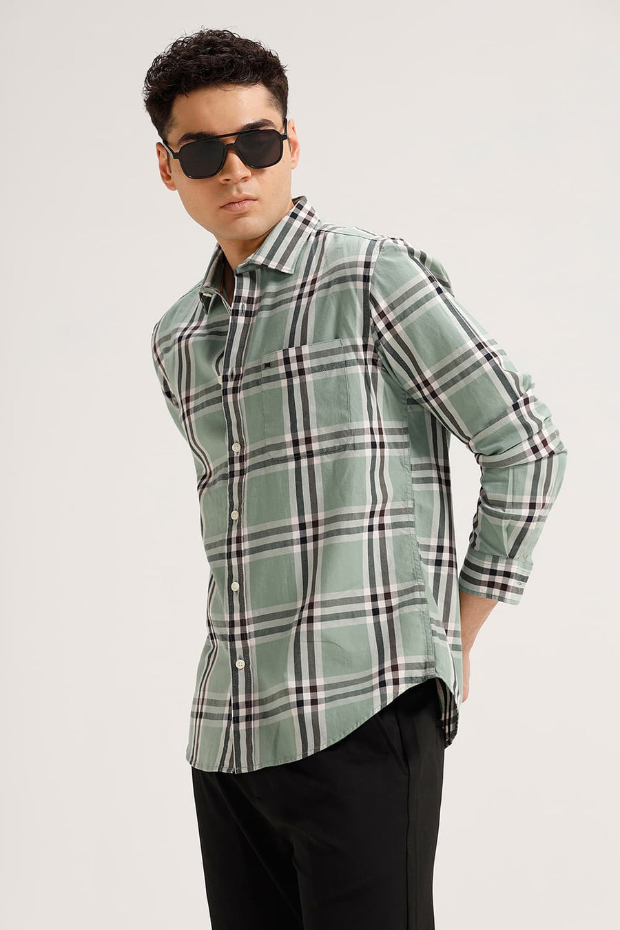 BASICS SLIM FIT TADE GREEN TWILL CHECKS SHIRT