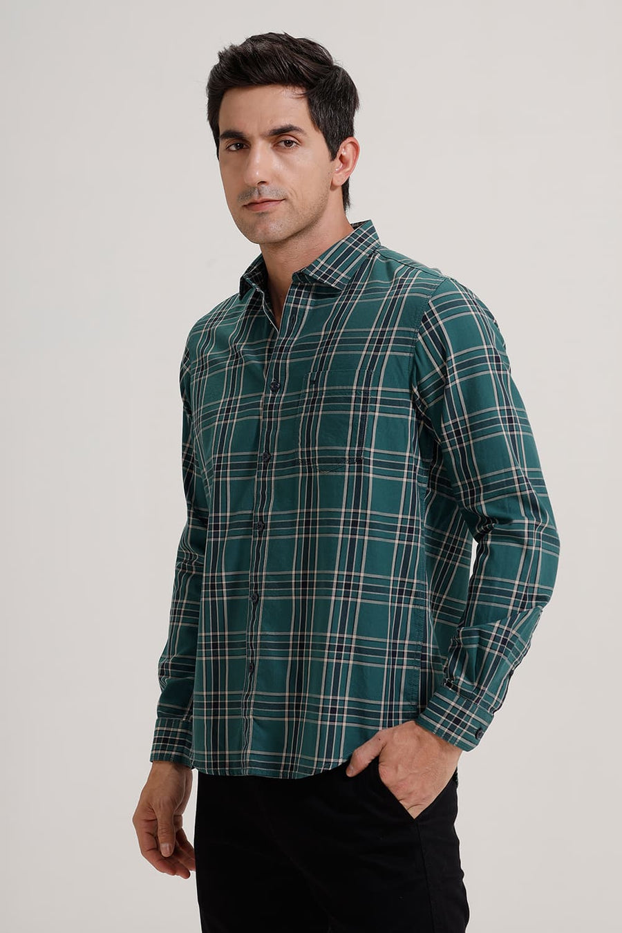 BASICS SLIM FIT GREEN IVY TWILL CHECKS SHIRT