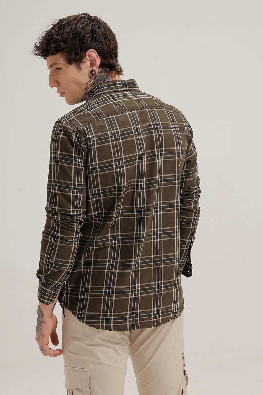 BASICS SLIM FIT BROWN OLIVE TWILL CHECKS SHIRT