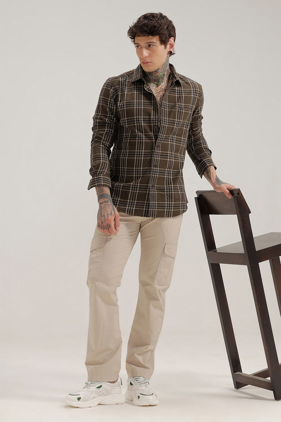 BASICS SLIM FIT BROWN OLIVE TWILL CHECKS SHIRT