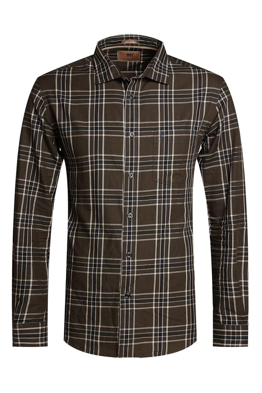 BASICS SLIM FIT BROWN OLIVE TWILL CHECKS SHIRT
