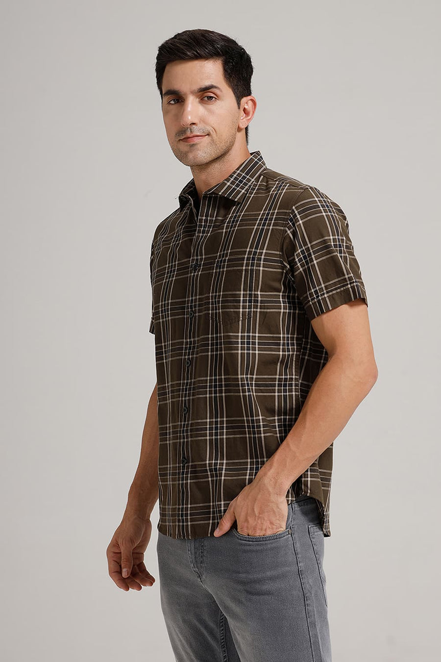 BASICS SLIM FIT BROWN OLIVE TWILL CHECKS HALFSLEEVES SHIRT