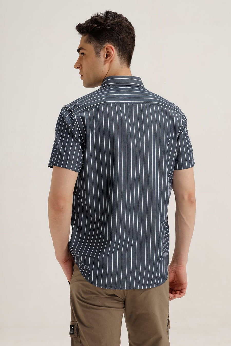 BASICS SLIM FIT SPACE NAVY TWILL STRIPE HALFSLEEVES SHIRT