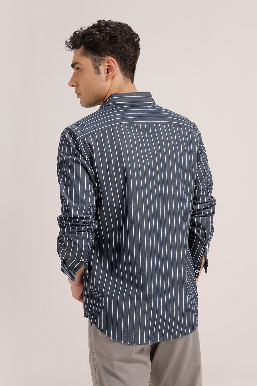 BASICS SLIM FIT SPACE NAVY TWILL STRIPE SHIRT