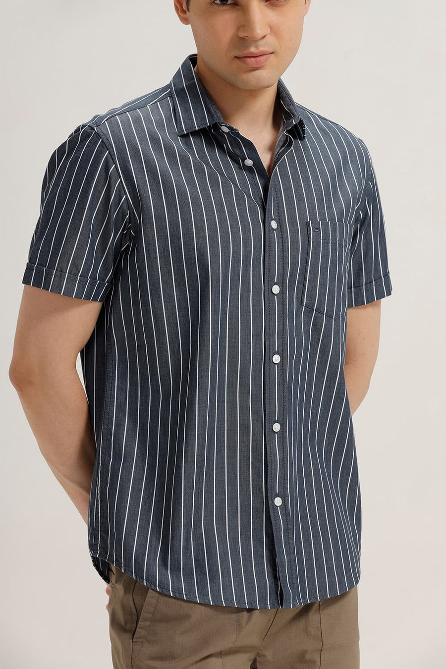 BASICS SLIM FIT SPACE NAVY TWILL STRIPE HALFSLEEVES SHIRT