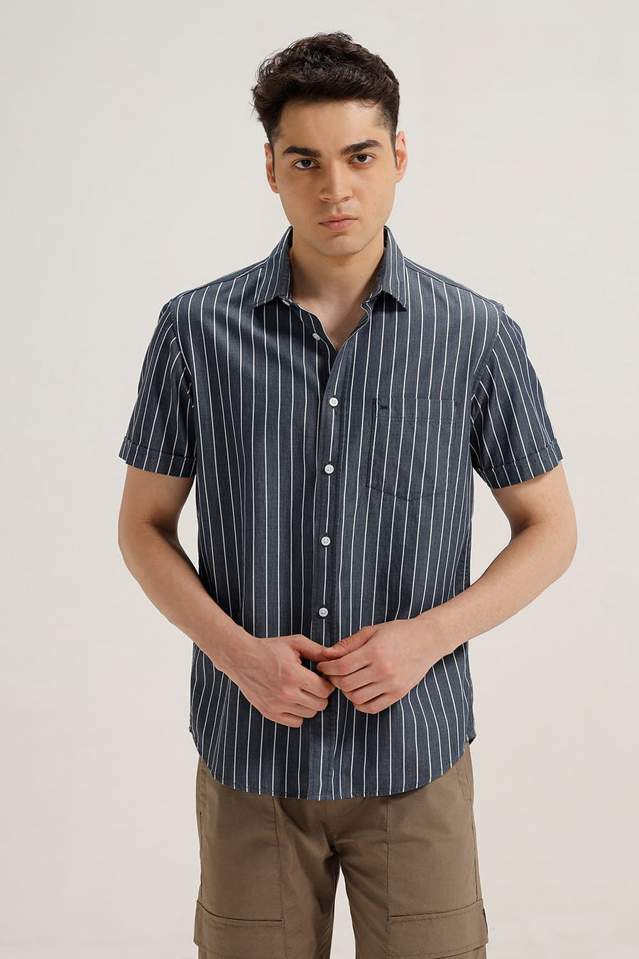 BASICS SLIM FIT SPACE NAVY TWILL STRIPE HALFSLEEVES SHIRT