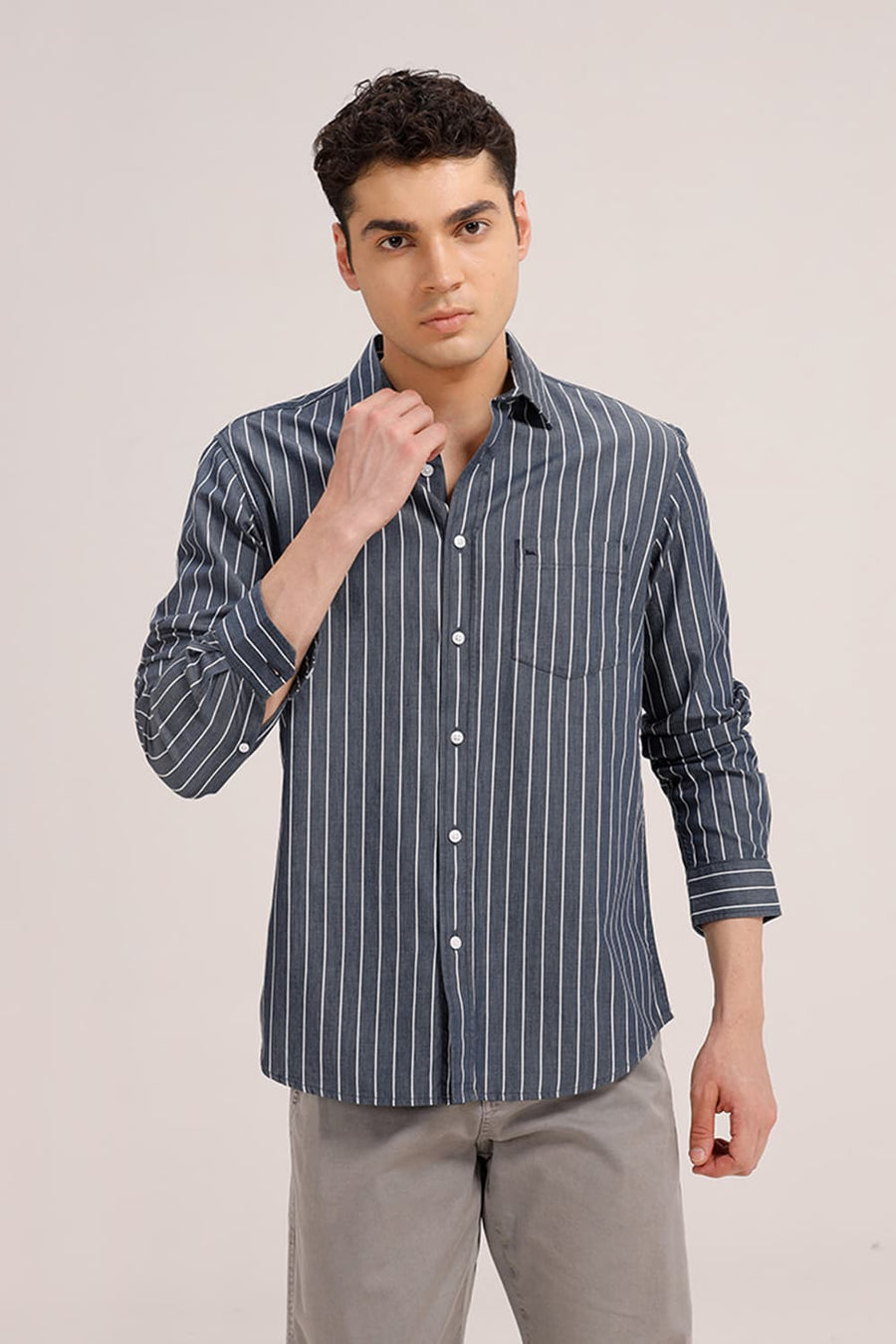 BASICS SLIM FIT SPACE NAVY TWILL STRIPE SHIRT