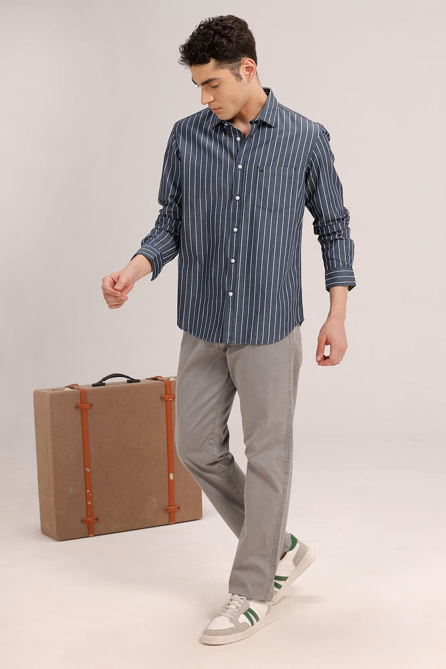 BASICS SLIM FIT SPACE NAVY TWILL STRIPE SHIRT