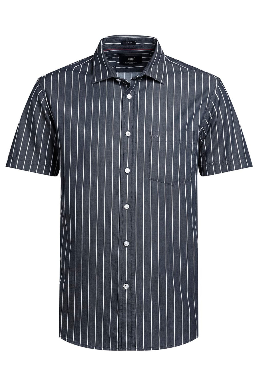 BASICS SLIM FIT SPACE NAVY TWILL STRIPE HALFSLEEVES SHIRT