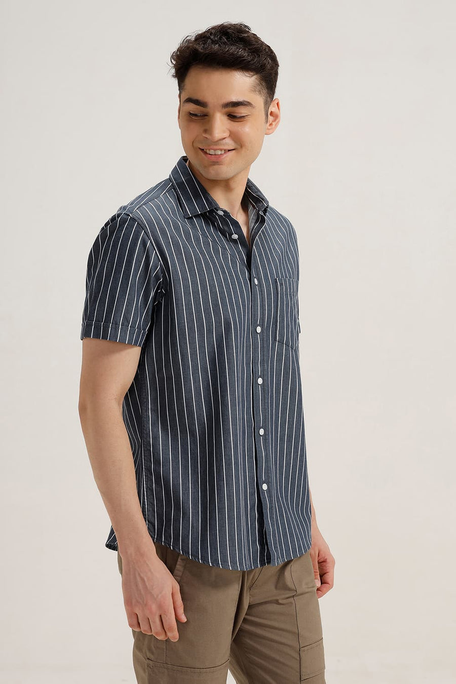BASICS SLIM FIT SPACE NAVY TWILL STRIPE HALFSLEEVES SHIRT