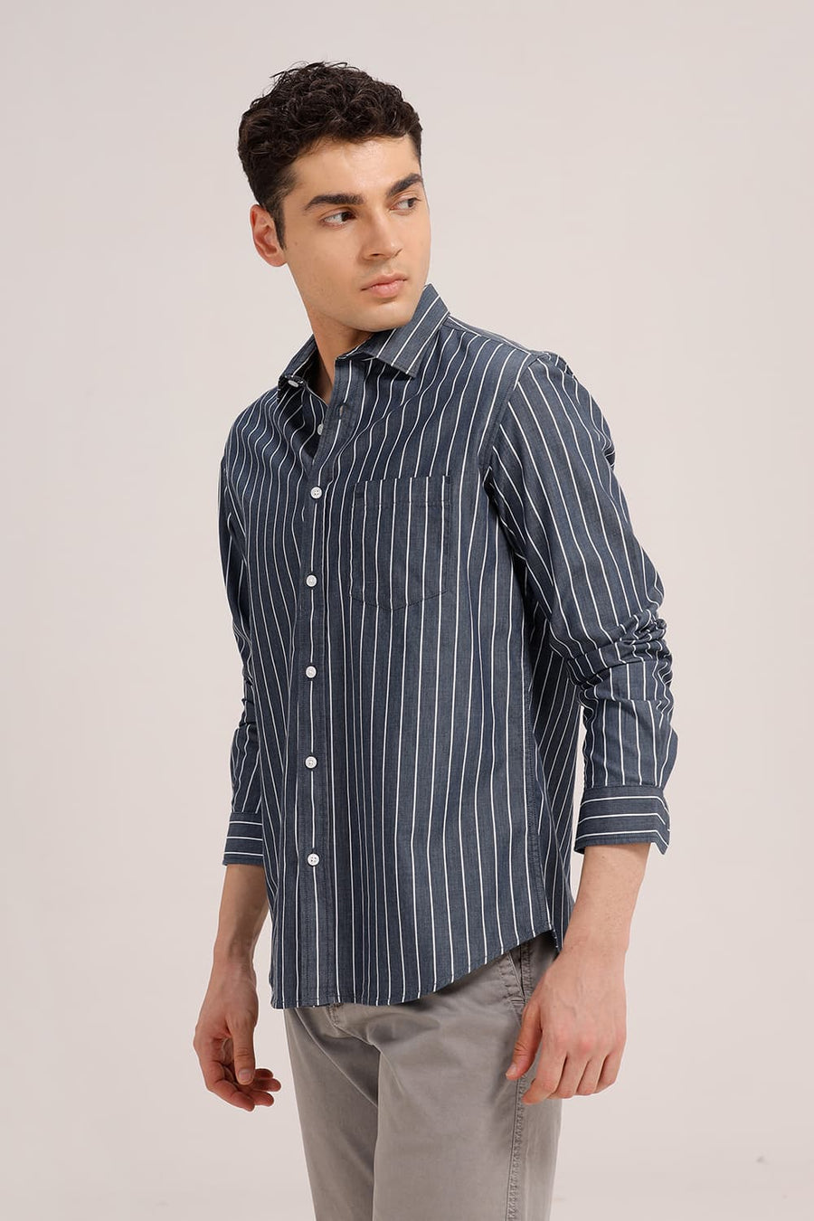 BASICS SLIM FIT SPACE NAVY TWILL STRIPE SHIRT