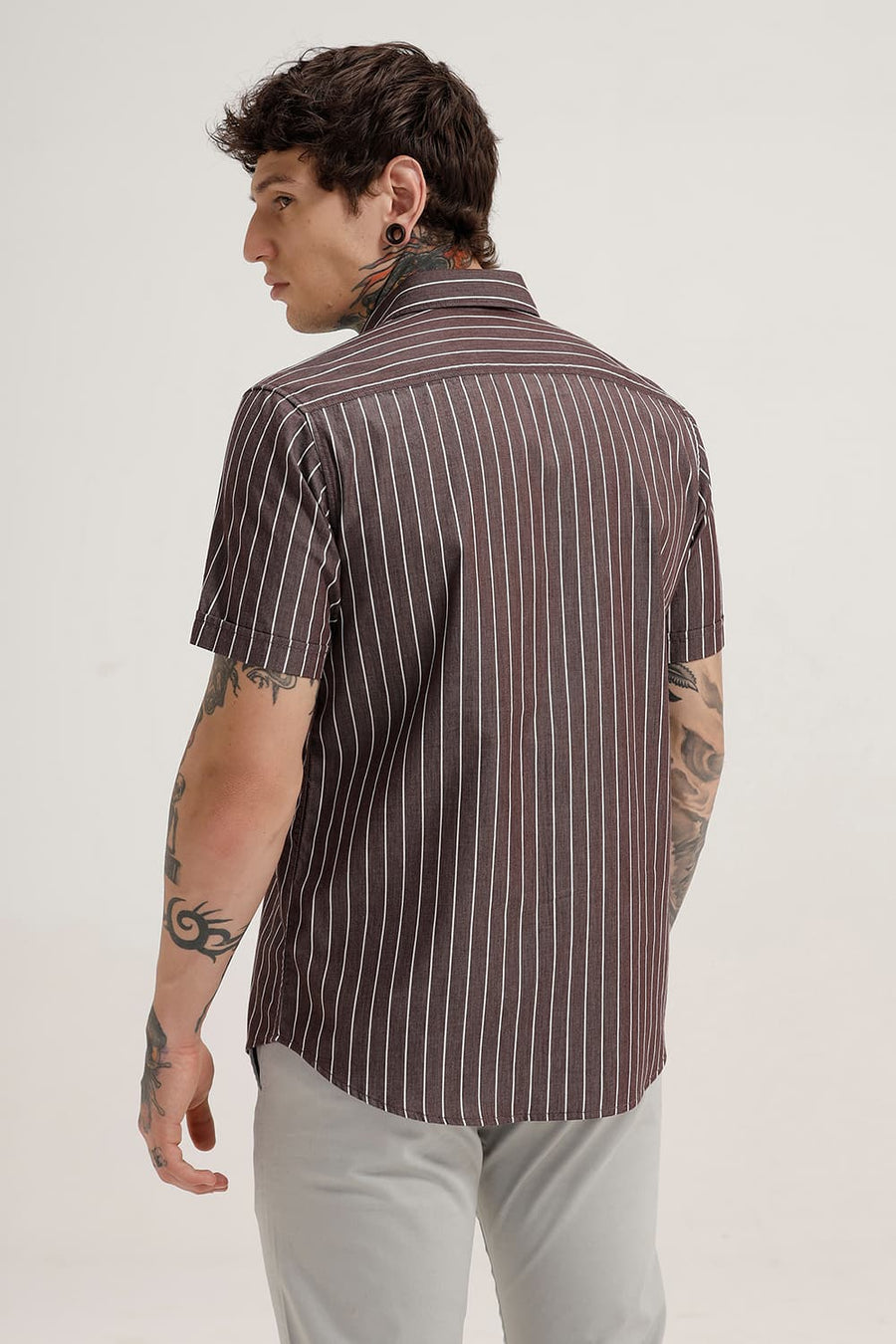 BASICS SLIM FIT MAROON BEANS TWILL STRIPE HALFSLEEVES SHIRT