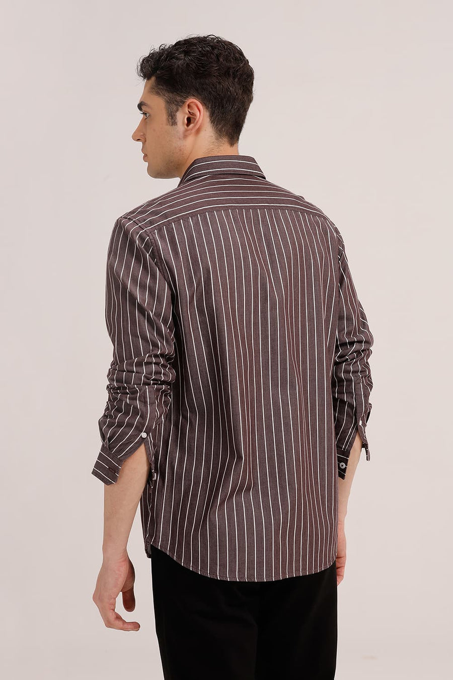 BASICS SLIM FIT MAROON BEANS TWILL STRIPE SHIRT