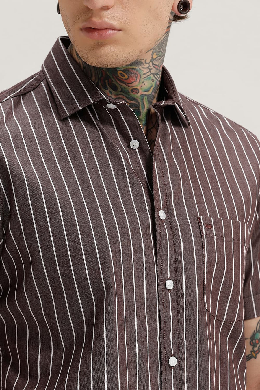 BASICS SLIM FIT MAROON BEANS TWILL STRIPE HALFSLEEVES SHIRT
