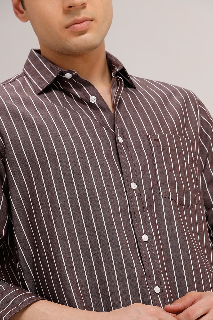 BASICS SLIM FIT MAROON BEANS TWILL STRIPE SHIRT