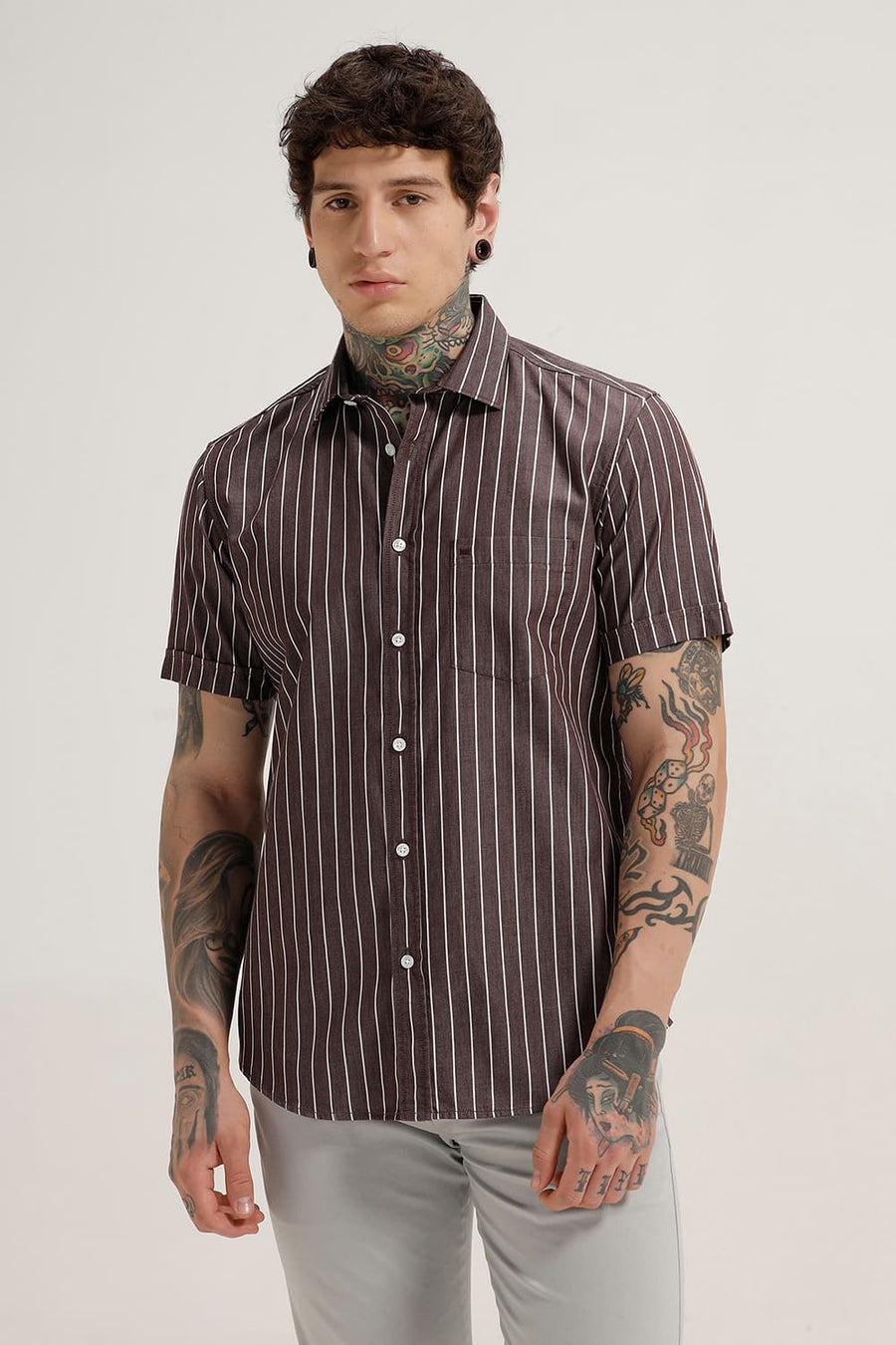 BASICS SLIM FIT MAROON BEANS TWILL STRIPE HALFSLEEVES SHIRT