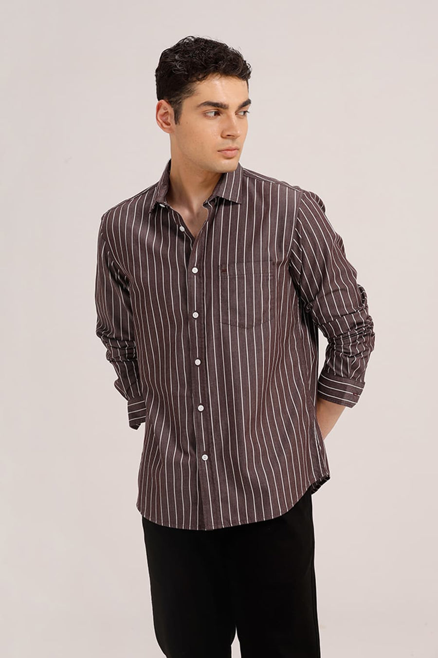 BASICS SLIM FIT MAROON BEANS TWILL STRIPE SHIRT