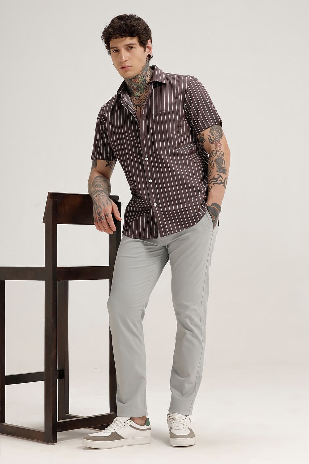 SLIM FIT TWILL STRIPE HALFSLEEVES SHIRT