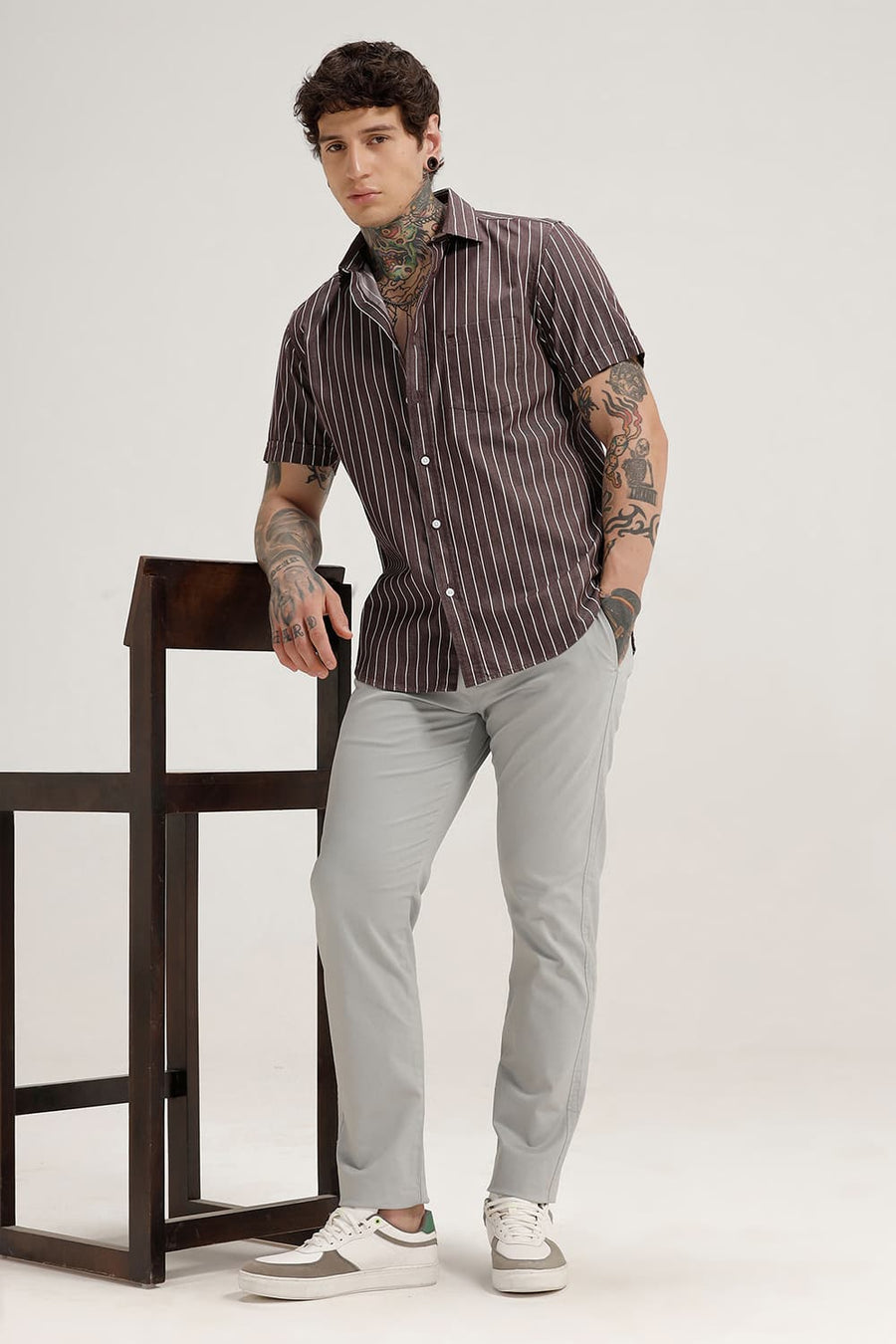 BASICS SLIM FIT MAROON BEANS TWILL STRIPE HALFSLEEVES SHIRT
