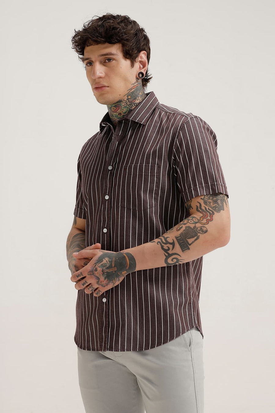 BASICS SLIM FIT MAROON BEANS TWILL STRIPE HALFSLEEVES SHIRT