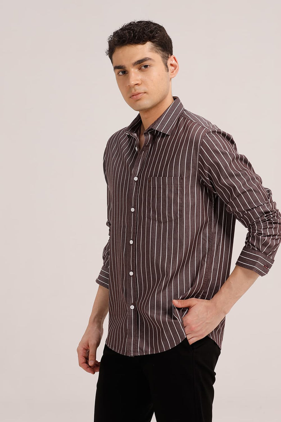 BASICS SLIM FIT MAROON BEANS TWILL STRIPE SHIRT