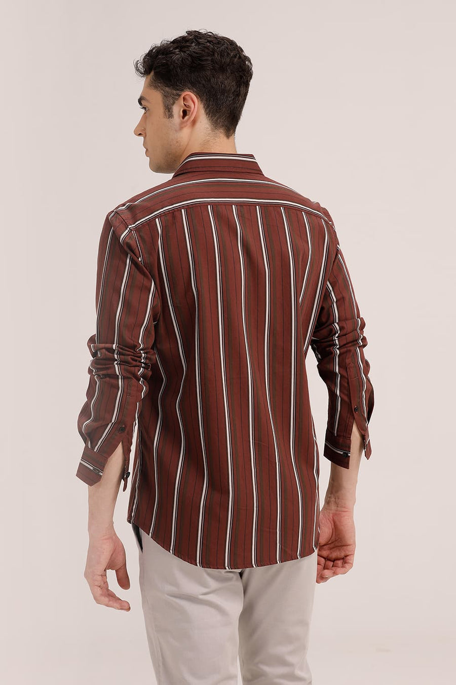 BASICS SLIM FIT RUSSET RED TWILL STRIPE SHIRT