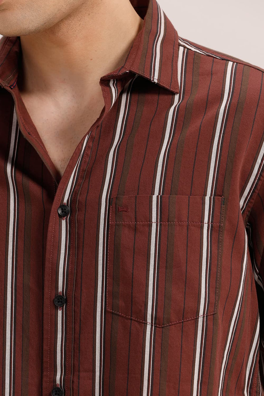 BASICS SLIM FIT RUSSET RED TWILL STRIPE SHIRT