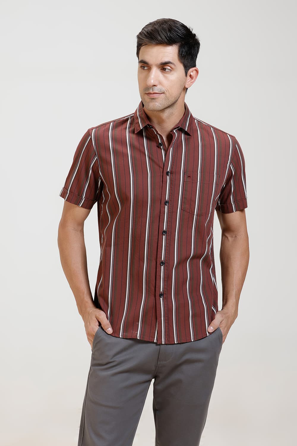 SLIM FIT TWILL STRIPE HALFSLEEVES SHIRT