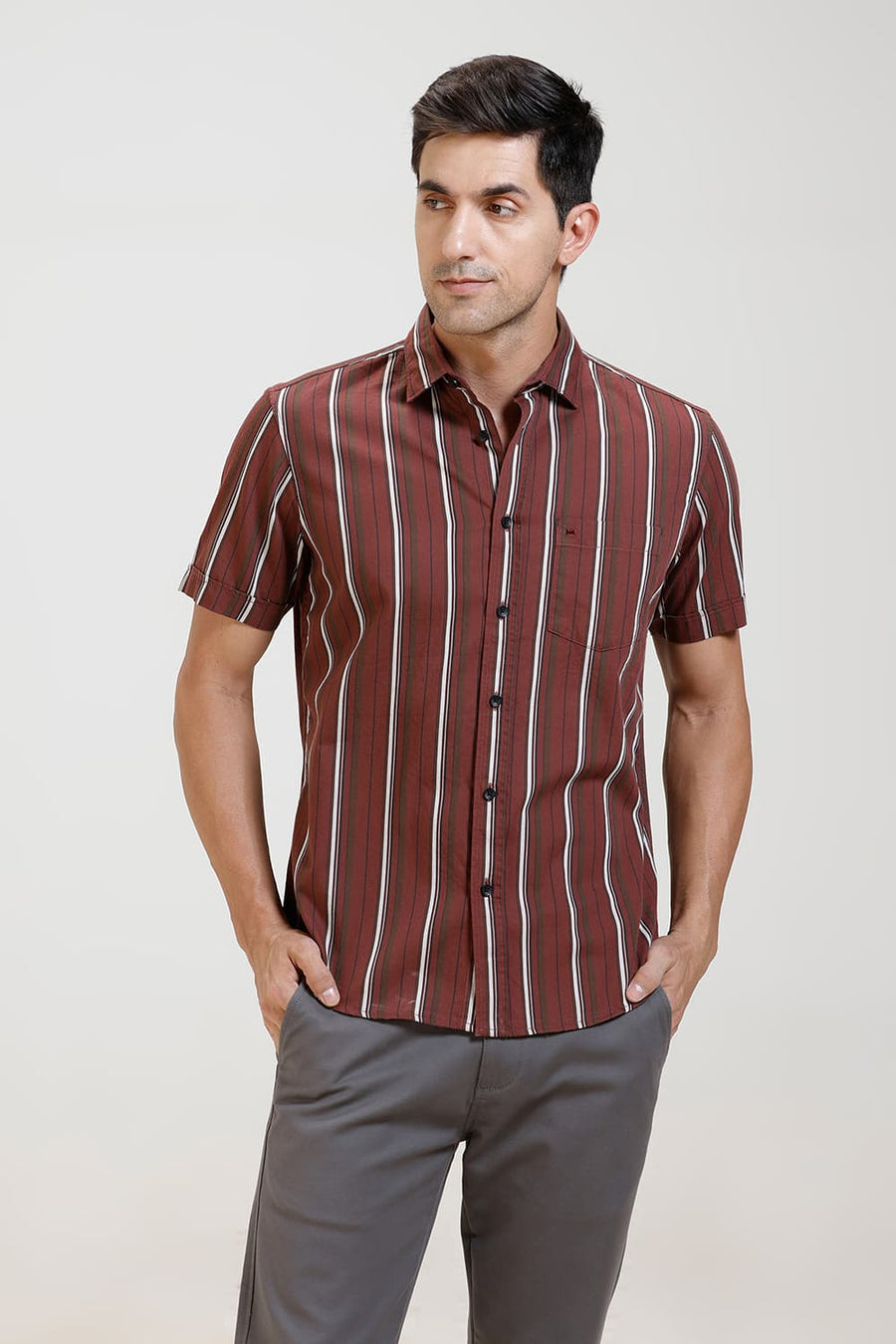 BASICS SLIM FIT RUSSET RED TWILL STRIPE HALFSLEEVES SHIRT