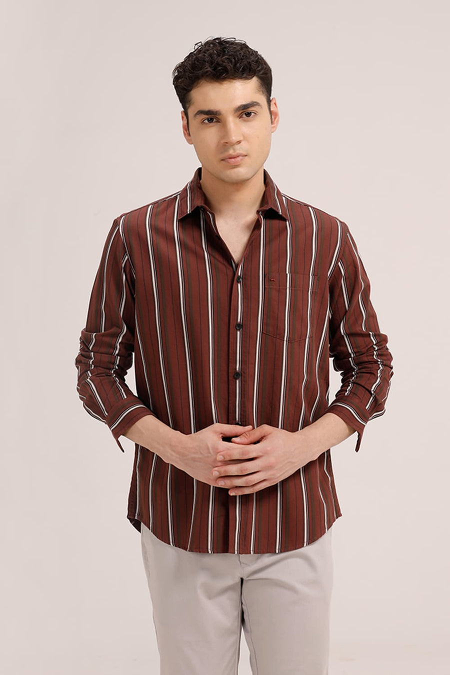 BASICS SLIM FIT RUSSET RED TWILL STRIPE SHIRT