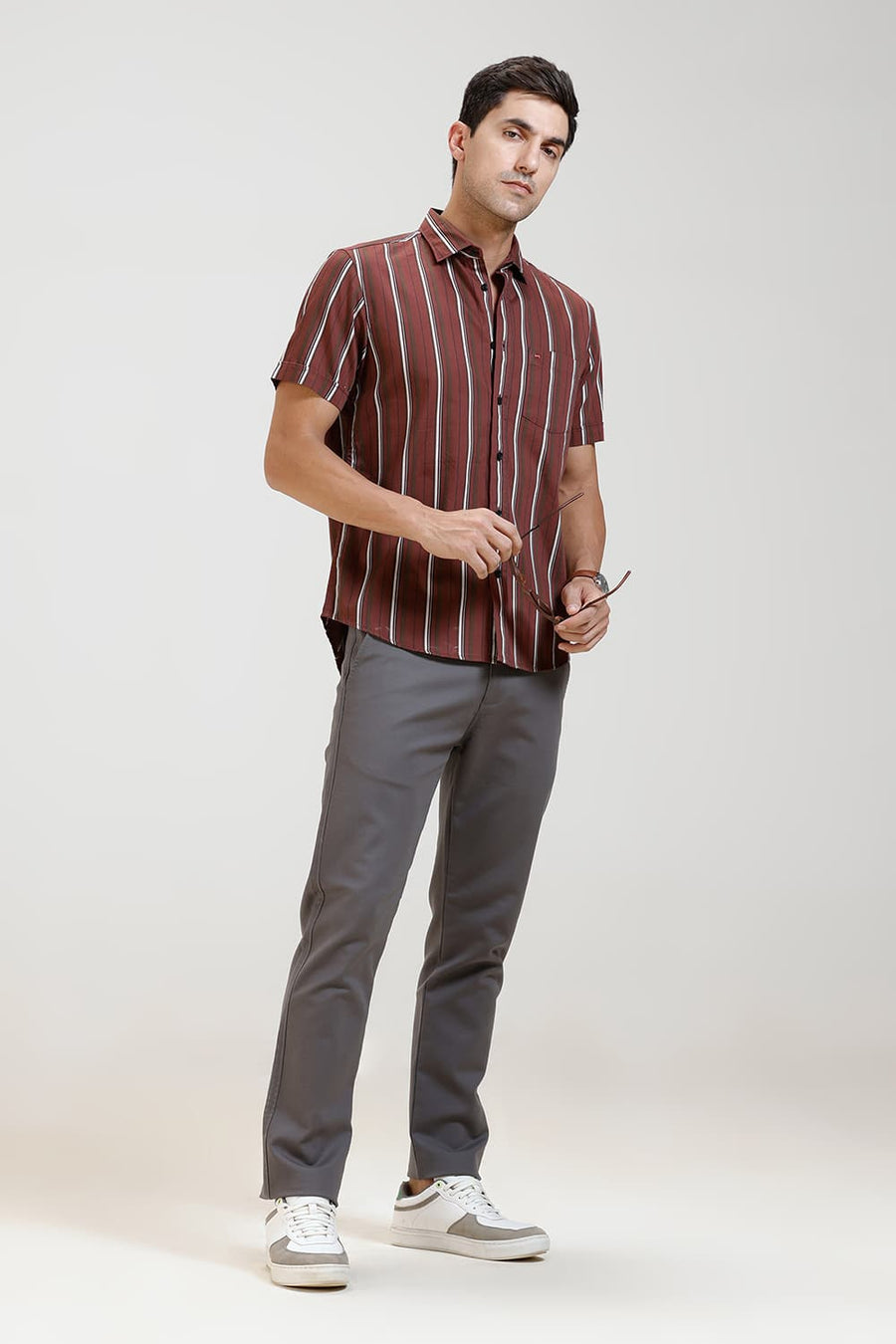 BASICS SLIM FIT RUSSET RED TWILL STRIPE HALFSLEEVES SHIRT
