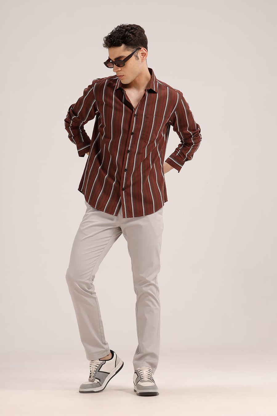 BASICS SLIM FIT RUSSET RED TWILL STRIPE SHIRT
